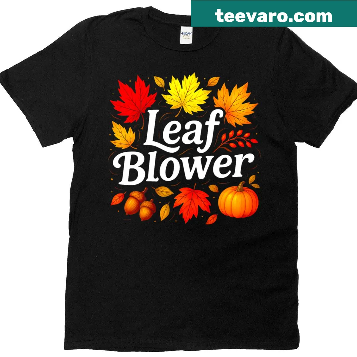 Couple-themed T-shirt with playful leaf blower costume illustration — on a men's t-shirt