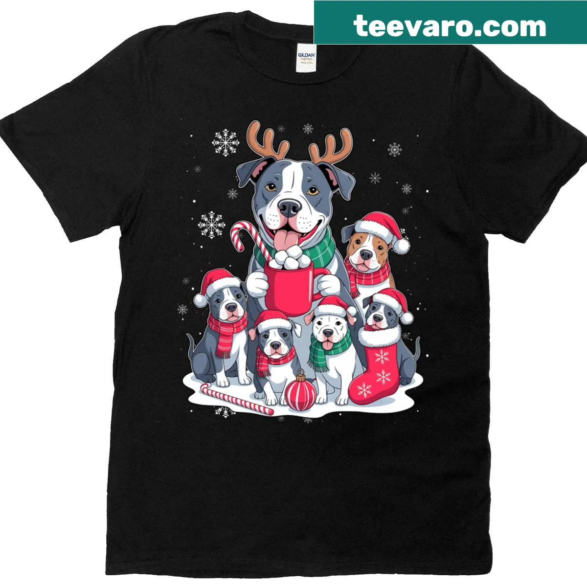 Humorous Santa with Pitbull dogs on a Christmas T-shirt — on a men's t-shirt