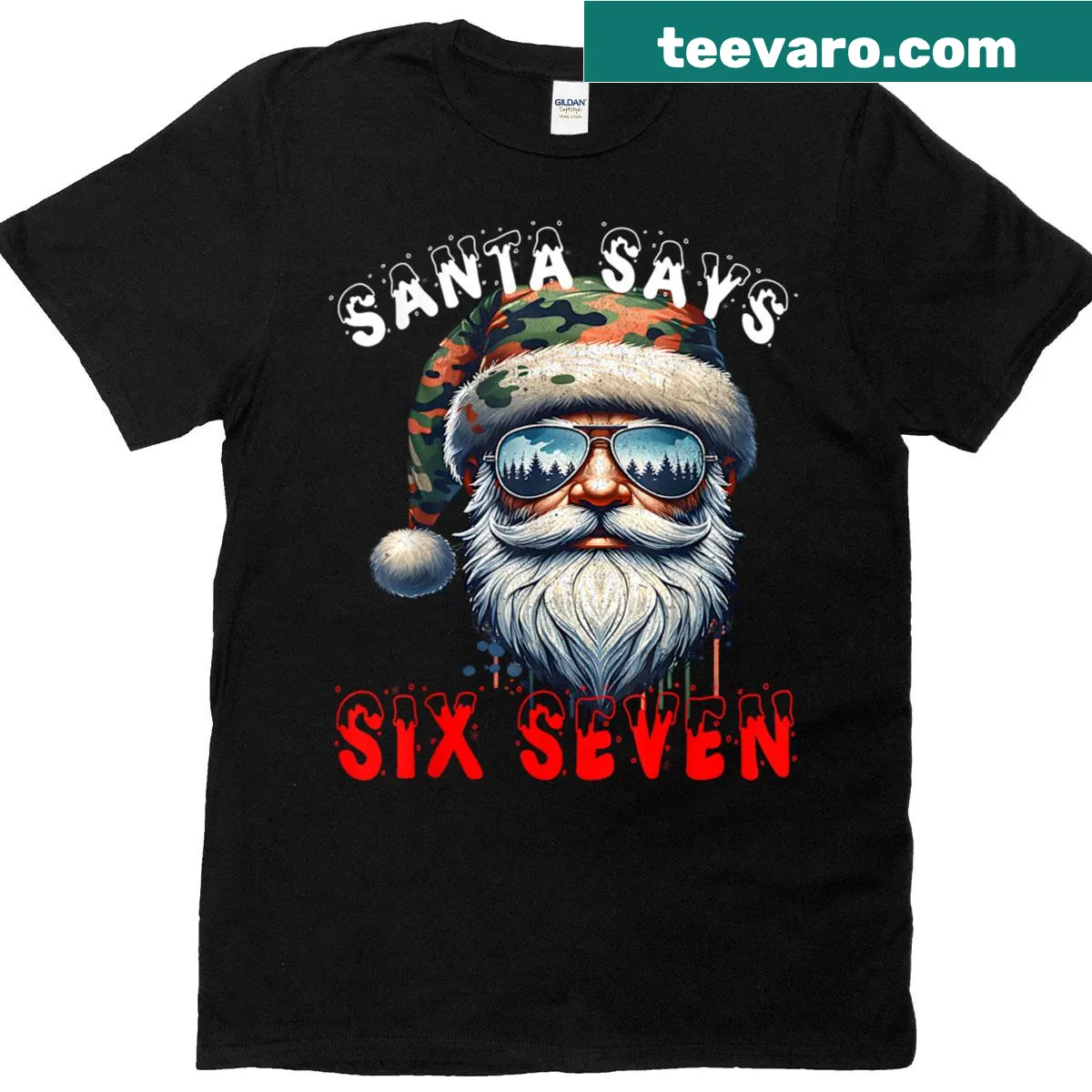 Funny Santa Says Six Seven Christmas meme graphic t-shirt — on a men's t-shirt