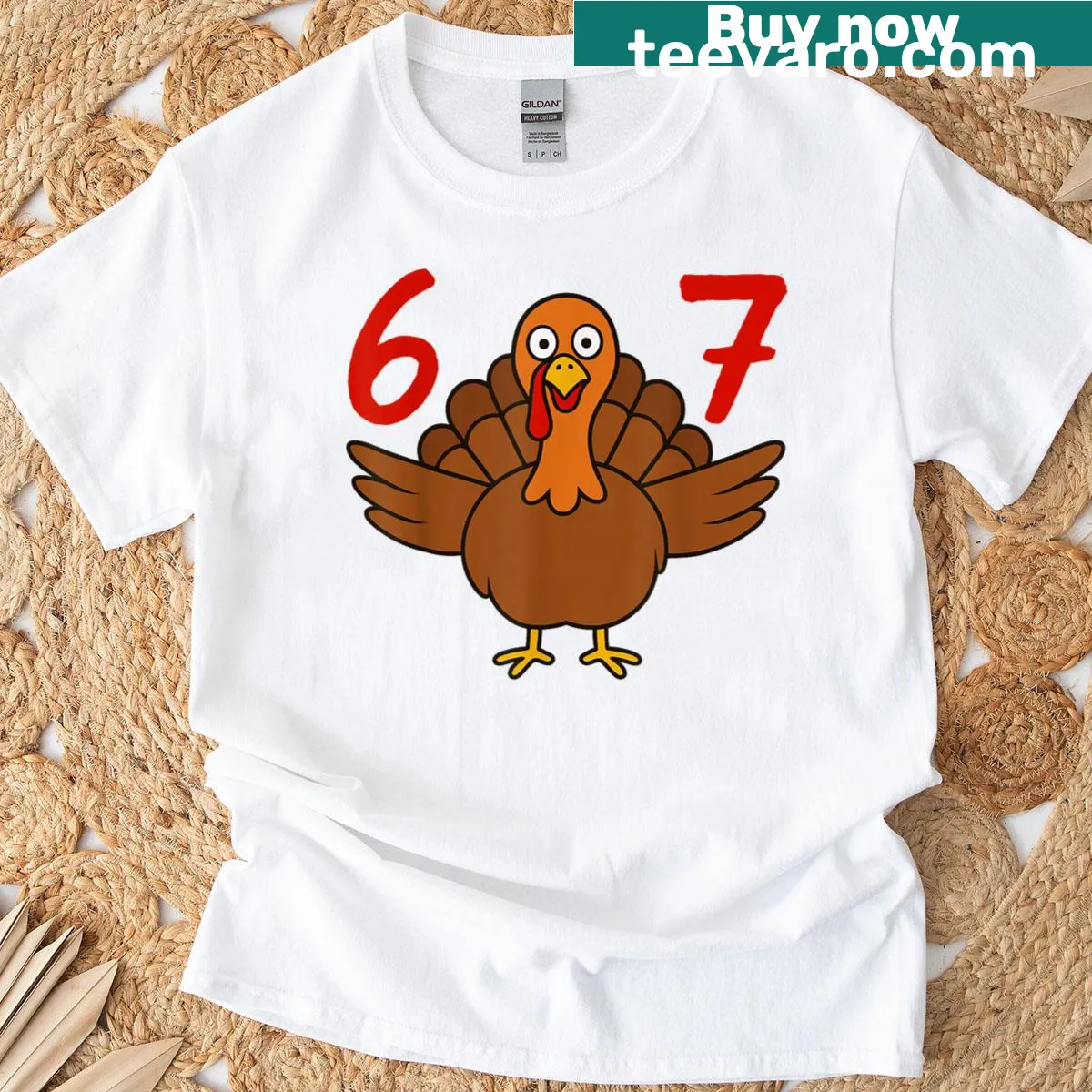 Thanksgiving turkey design with the numbers 6 and 7 for a meme-themed t-shirt — on a men's t-shirt