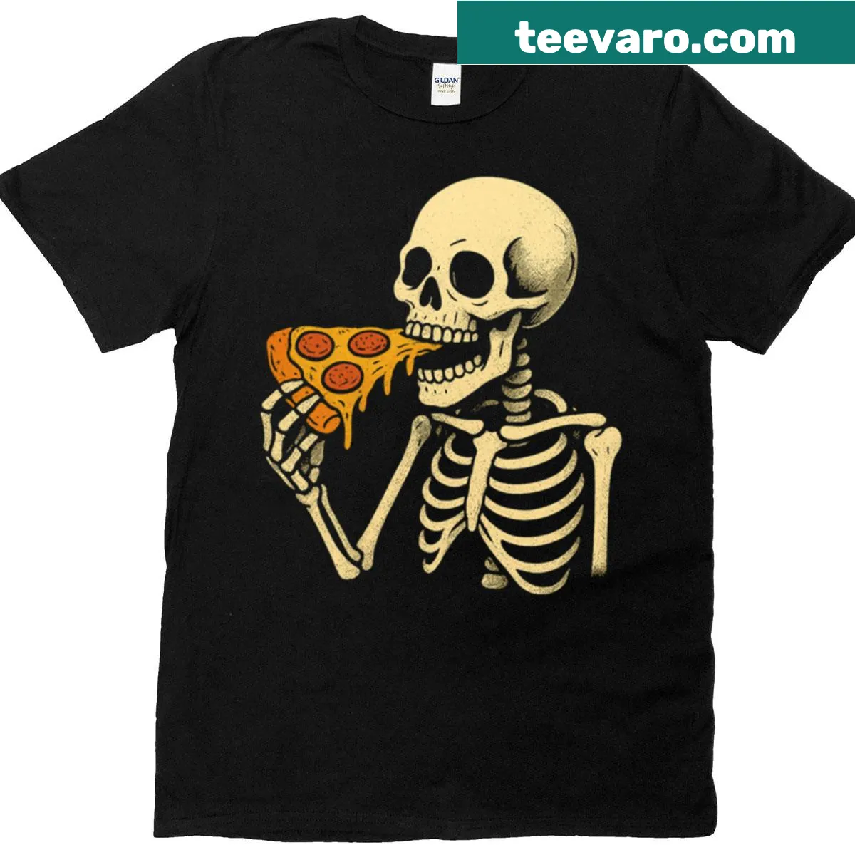 Vintage Skeleton Eating Pizza T-shirt with humorous design. — on a men's t-shirt