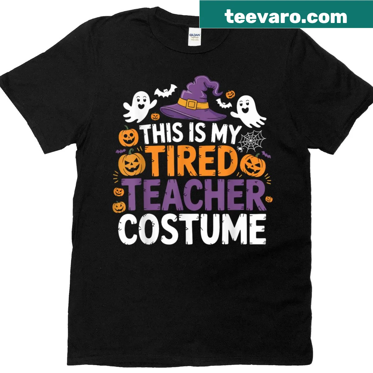 Funny Halloween T-shirt for teachers with tired teacher costume text — on a men's t-shirt
