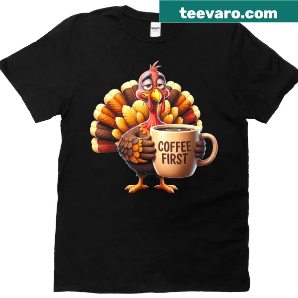 Funny turkey illustration drinking coffee for Thanksgiving