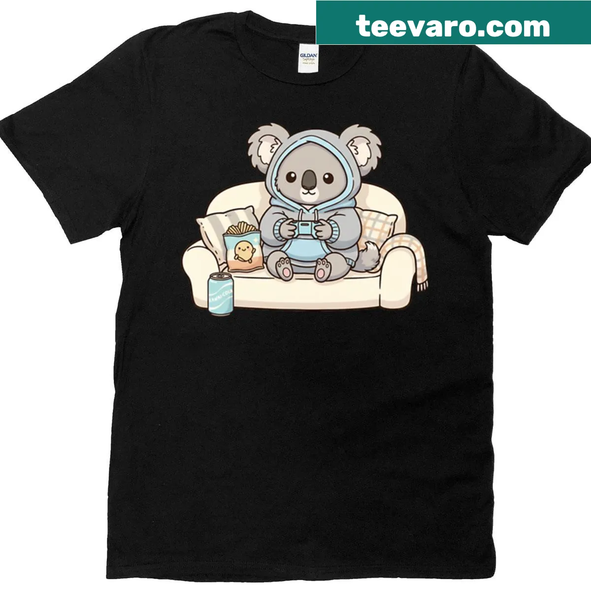 Cartoon koala with game controller on an oversized t-shirt — on a men's t-shirt