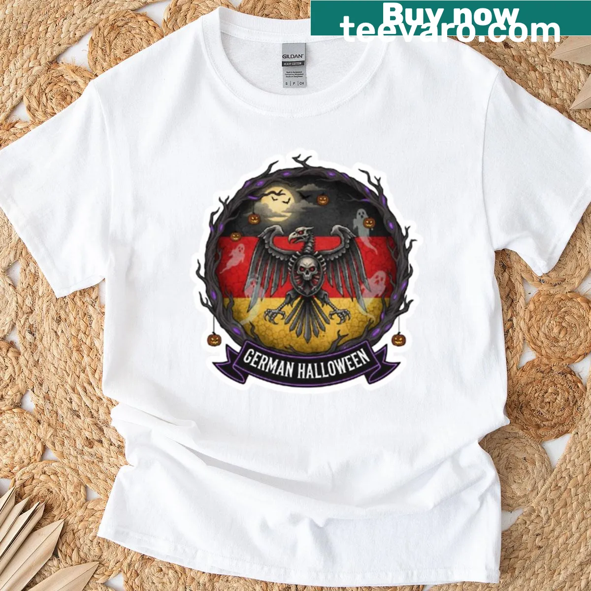 Gothic eagle and skull design with German flag elements on T-shirt. — on a men's t-shirt
