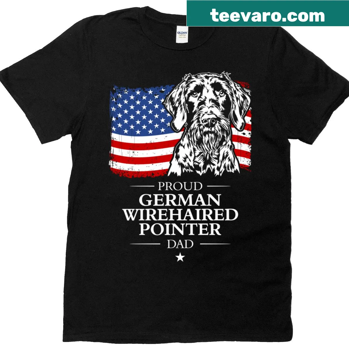 Patriotic T-shirt with American flag and German Wirehaired Pointer graphic — on a men's t-shirt
