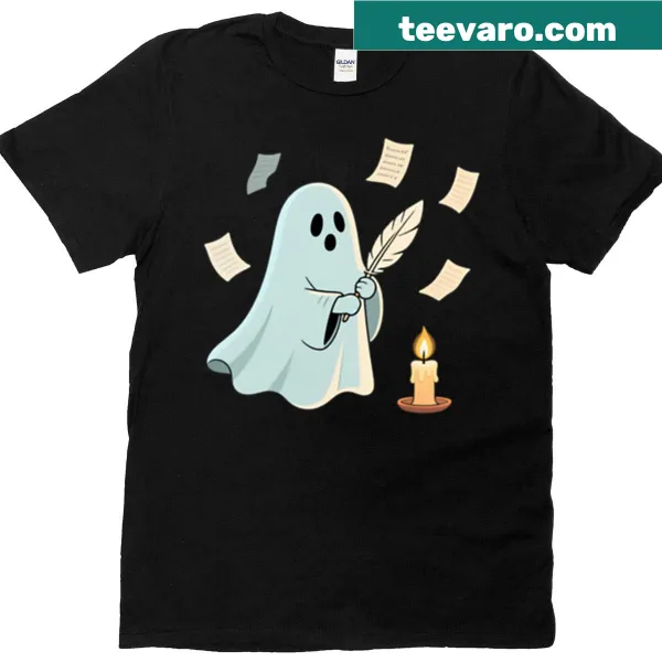 Whimsical ghost with quill and parchment on a t-shirt