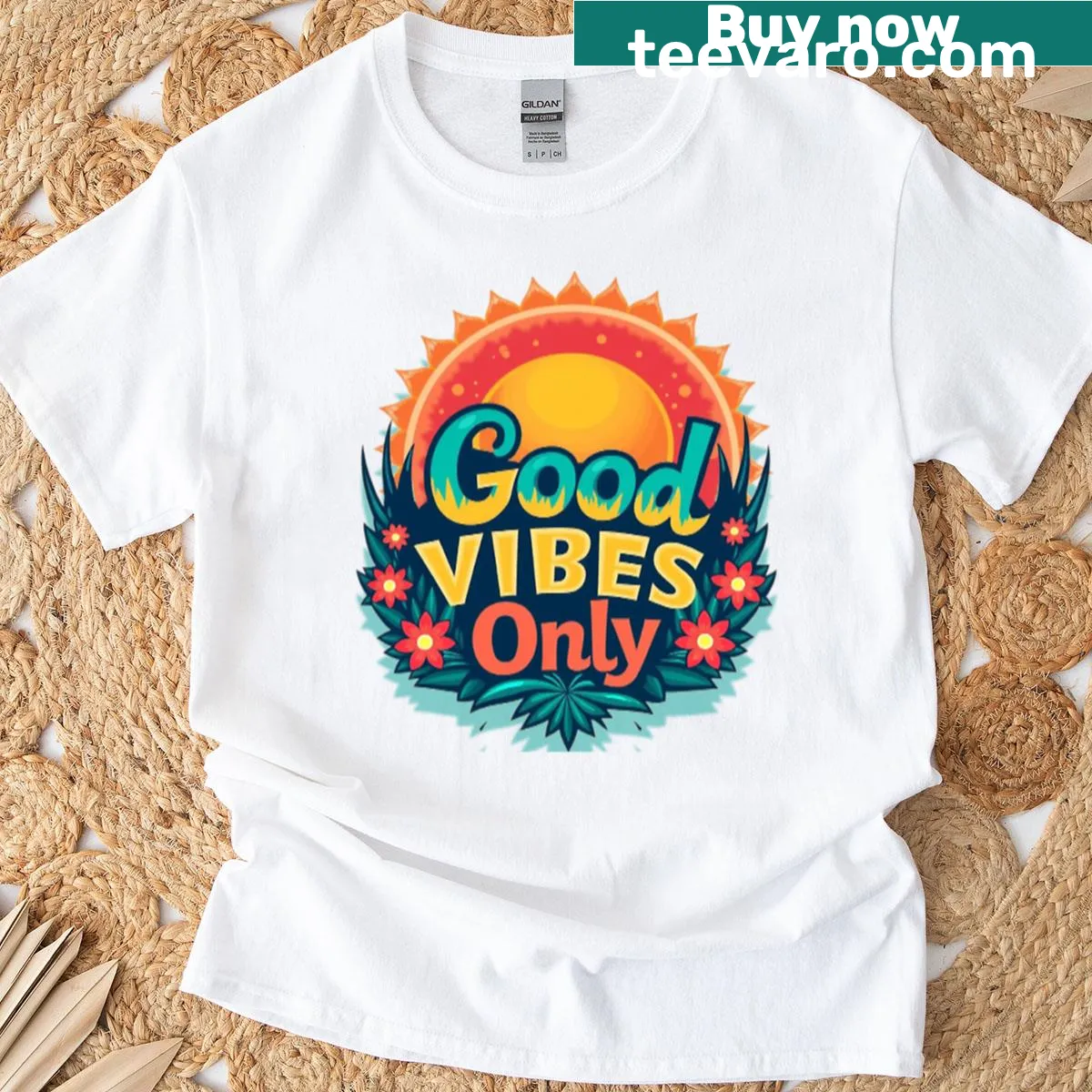 Tropical sunburst design t-shirt promoting good vibes — on a men's t-shirt