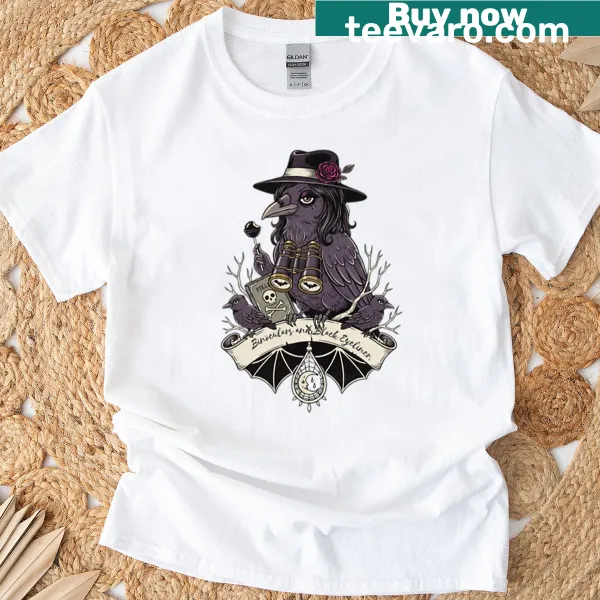 Vintage cartoon T-shirt with goth birdwatching theme and dark humor