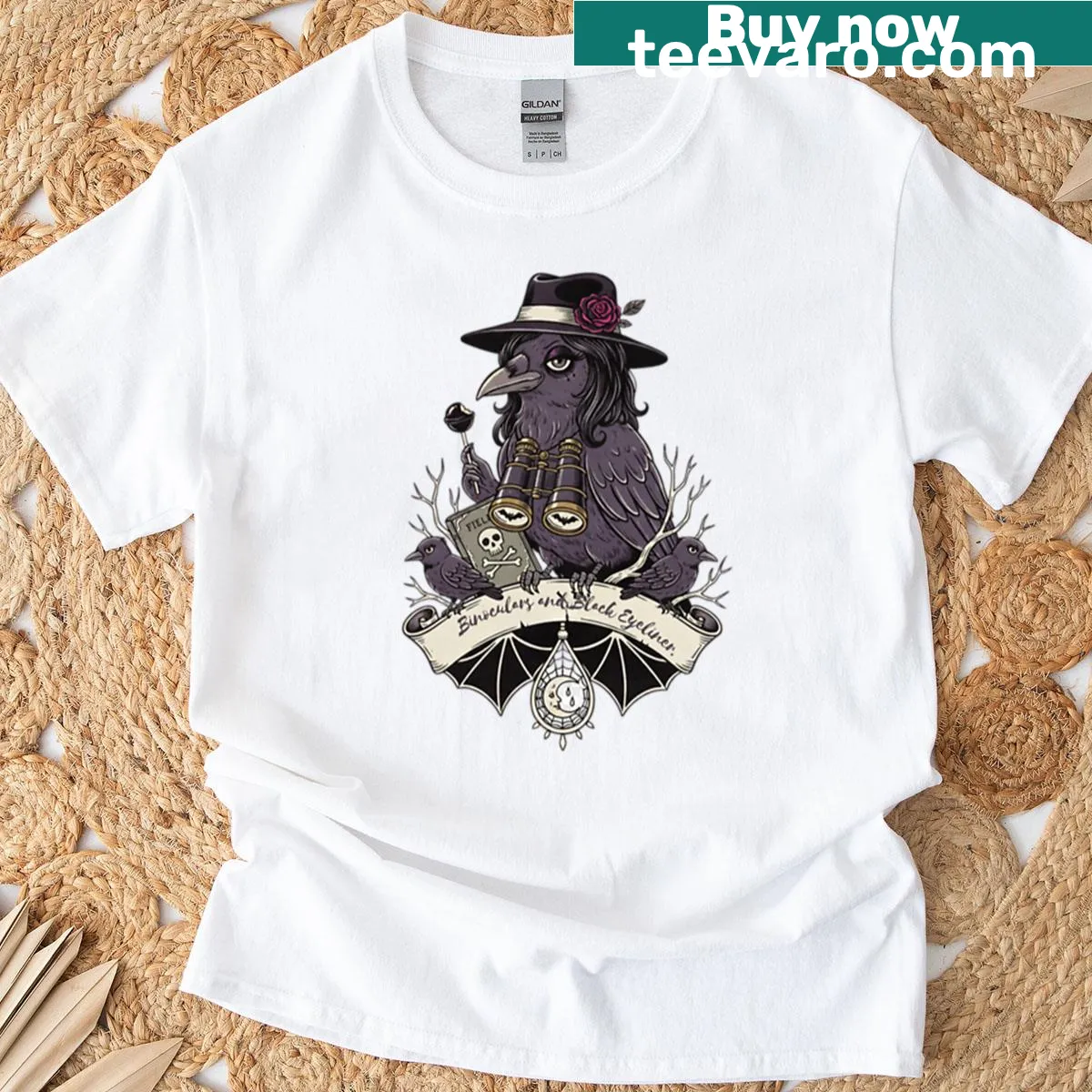 Vintage cartoon T-shirt with goth birdwatching theme and dark humor — on a men's t-shirt