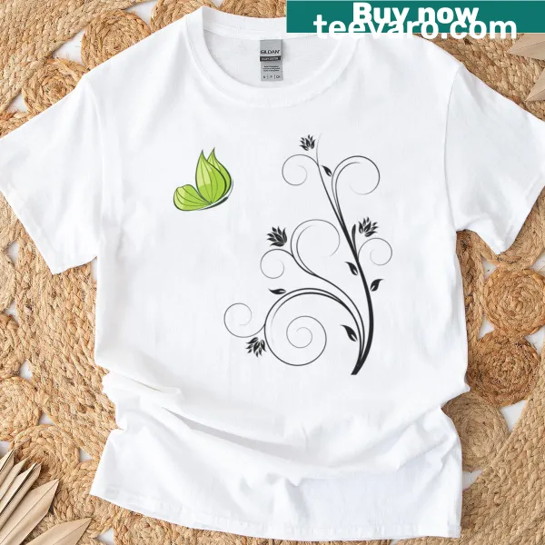 Illustration of a green butterfly on an elegant t-shirt