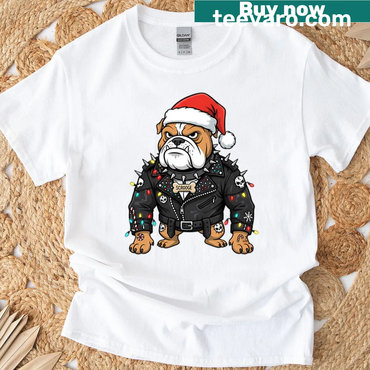 Grumpy bulldog in Santa hat with Christmas lights — on a men's t-shirt