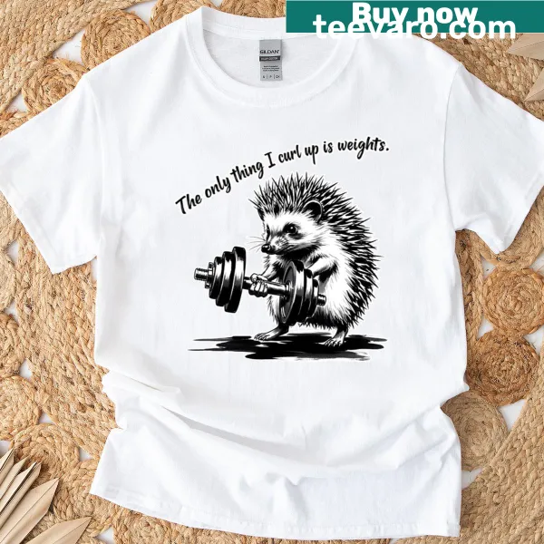 Hedgehog pun graphic with the text about curling weights