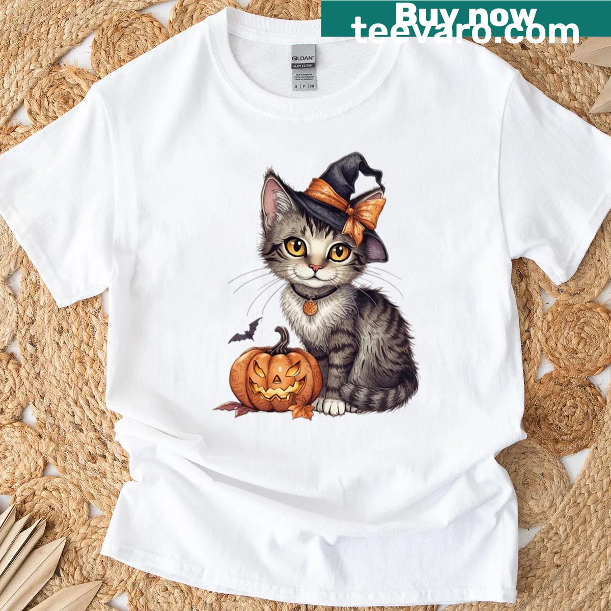Funny Halloween cat with pumpkin graphic T-shirt — on a men's t-shirt