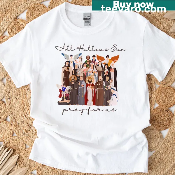 Illustration of Catholic saints for Halloween on a t-shirt