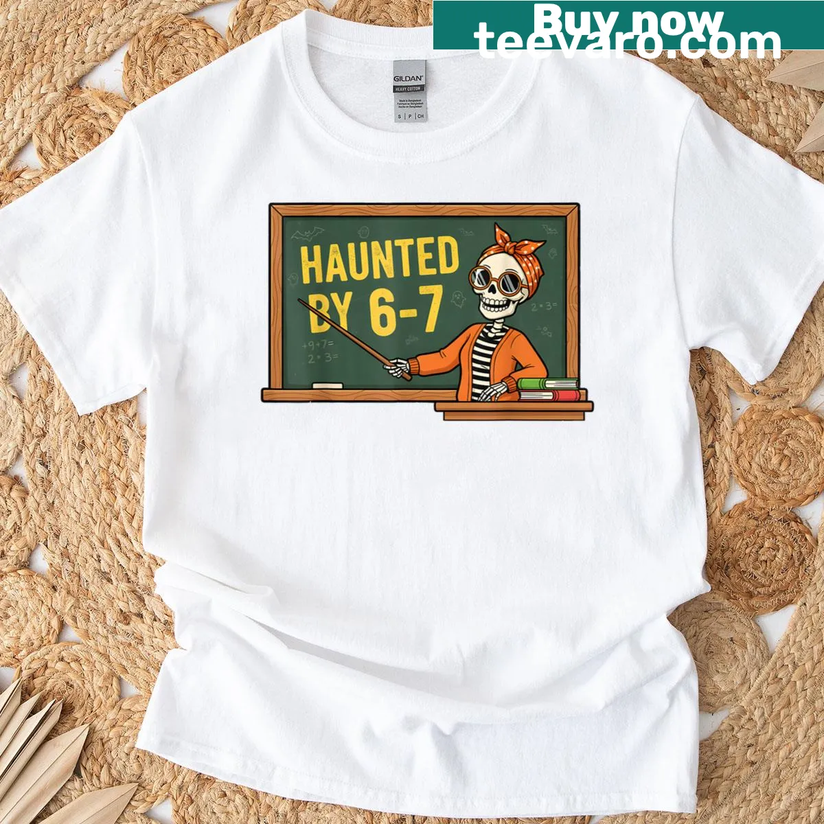 Humorous Halloween skeleton design with 'Haunted By 6-7' text — on a men's t-shirt
