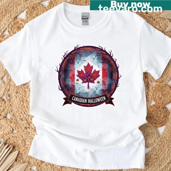 Haunted maple leaf design with spooky elements on a t-shirt