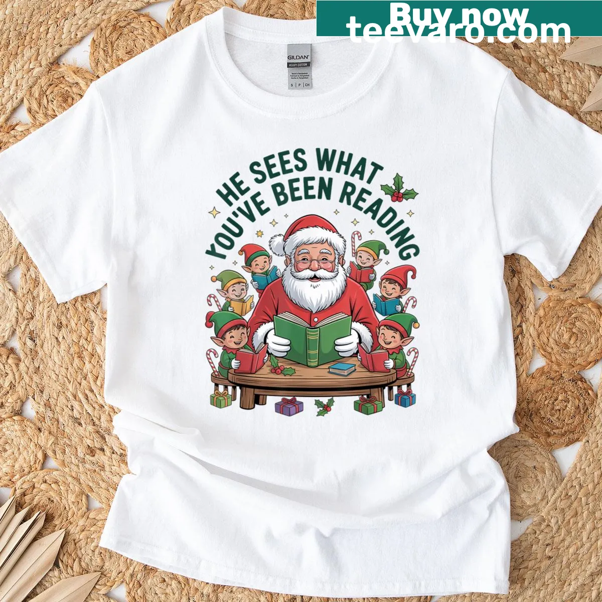 Funny book-themed Christmas t-shirt with playful text design — on a men's t-shirt