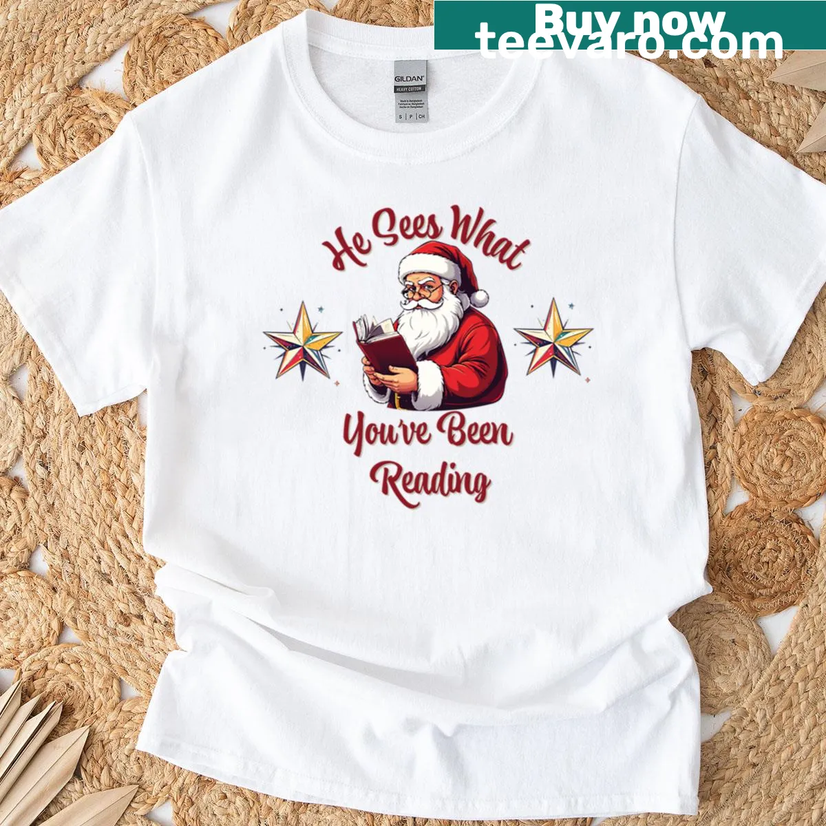 Funny Christmas T-shirt with Santa reading a list — on a men's t-shirt