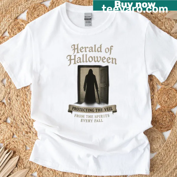T-shirt showcasing 'Herald Of Halloween' design with festive illustrations