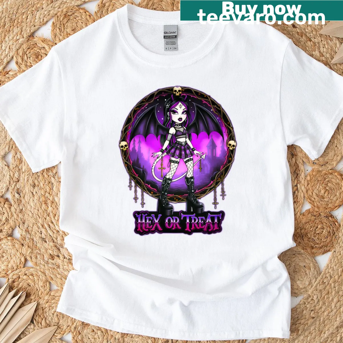 Gothic-themed t-shirt featuring a playful little devil and Halloween text — on a men's t-shirt