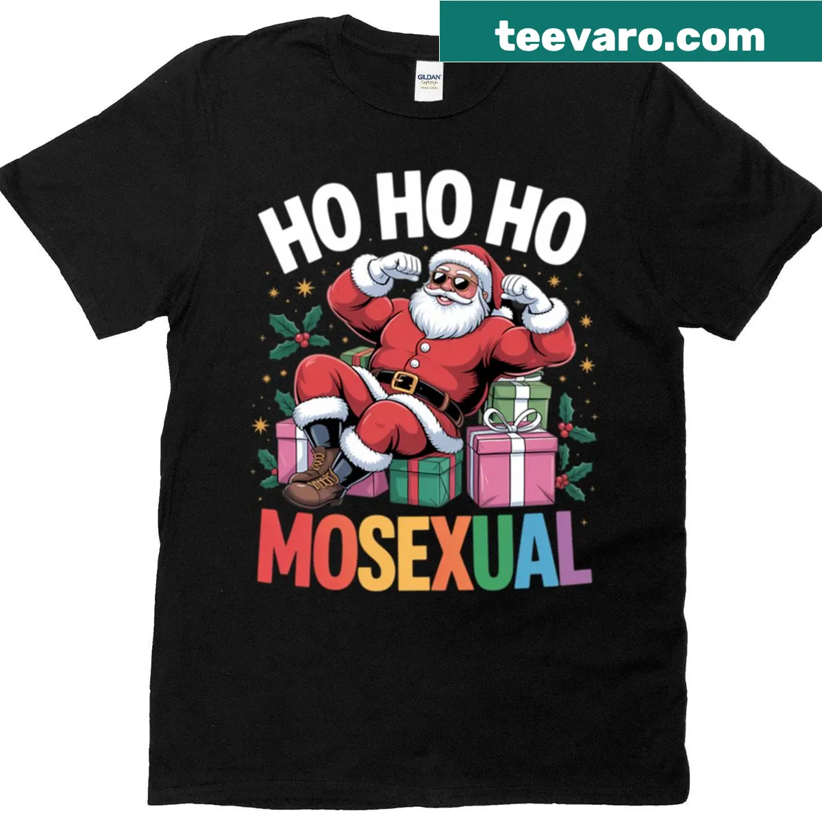 Playful gay Santa graphic on Christmas t-shirt — on a men's t-shirt