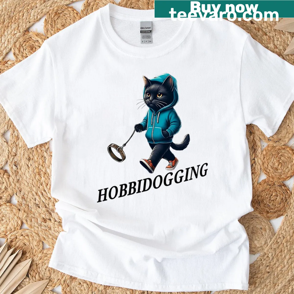Oversized T-shirt with a funny design of a cat walking an invisible dog — on a men's t-shirt