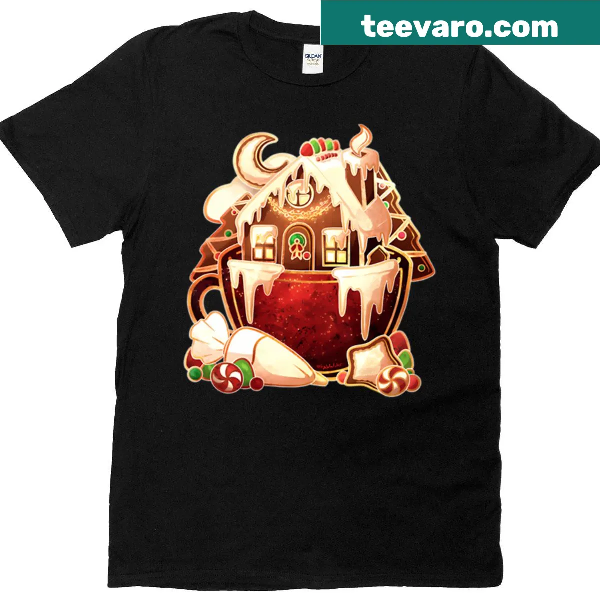 Gingerbread teacup illustration on holiday-themed t-shirt — on a men's t-shirt