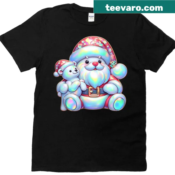Holographic Santa and teddy bear design on a holiday T-shirt