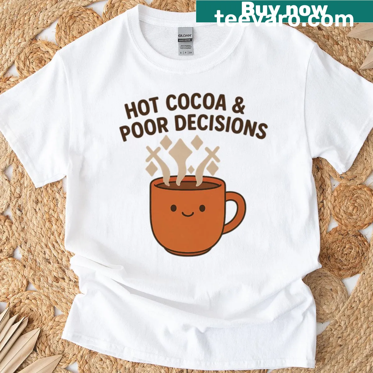 Funny T-shirt with a cocoa flowchart illustrating poor decisions — on a men's t-shirt