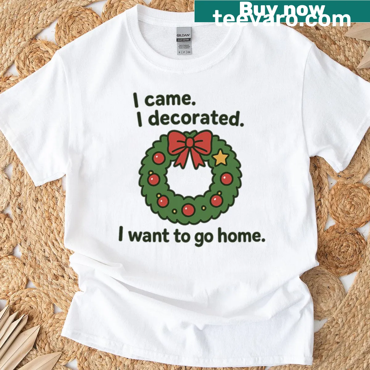 Funny Christmas t-shirt with wreath design and humorous text — on a men's t-shirt