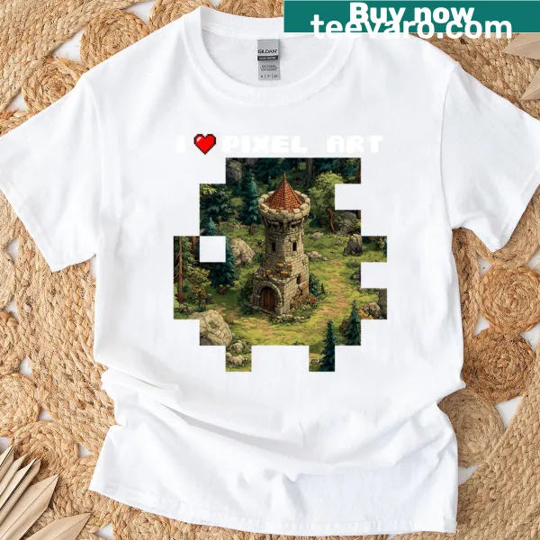 T-shirt featuring a pixel art tower graphic.