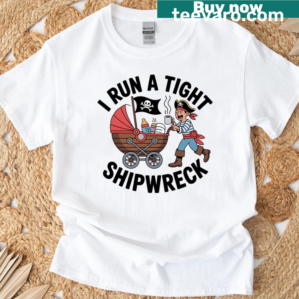 Pirate Dad T-shirt with humorous 'I Run A Tight Shipwreck' text — on a men's t-shirt