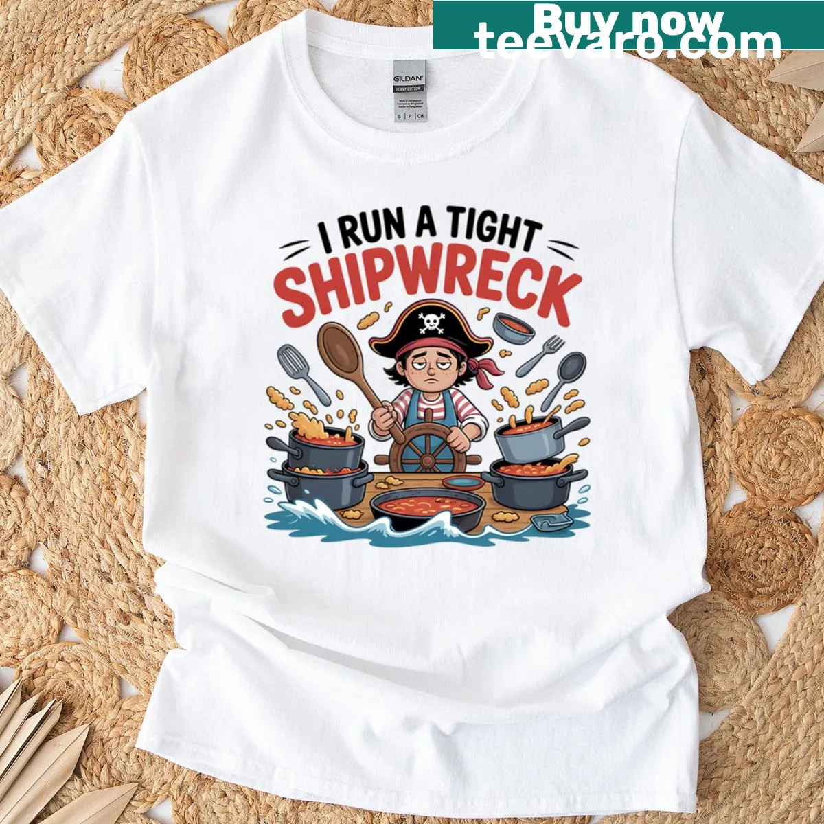 Funny Pirate Mom t-shirt with 'I Run A Tight Shipwreck' text and graphic — on a men's t-shirt