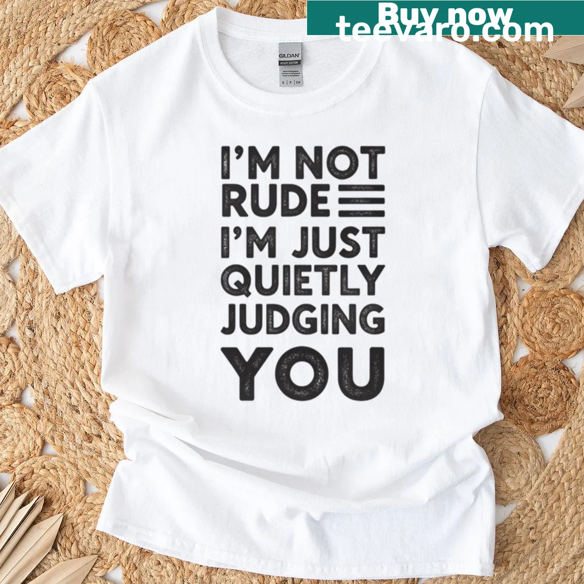Oversized t-shirt with the witty phrase about quiet judgment in bold typography. — on a men's t-shirt