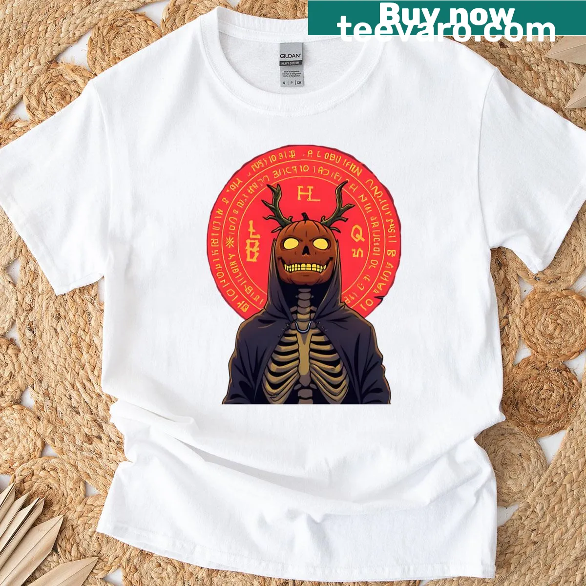 Illustrative Pumpkin Prophet graphic T-shirt — on a men's t-shirt