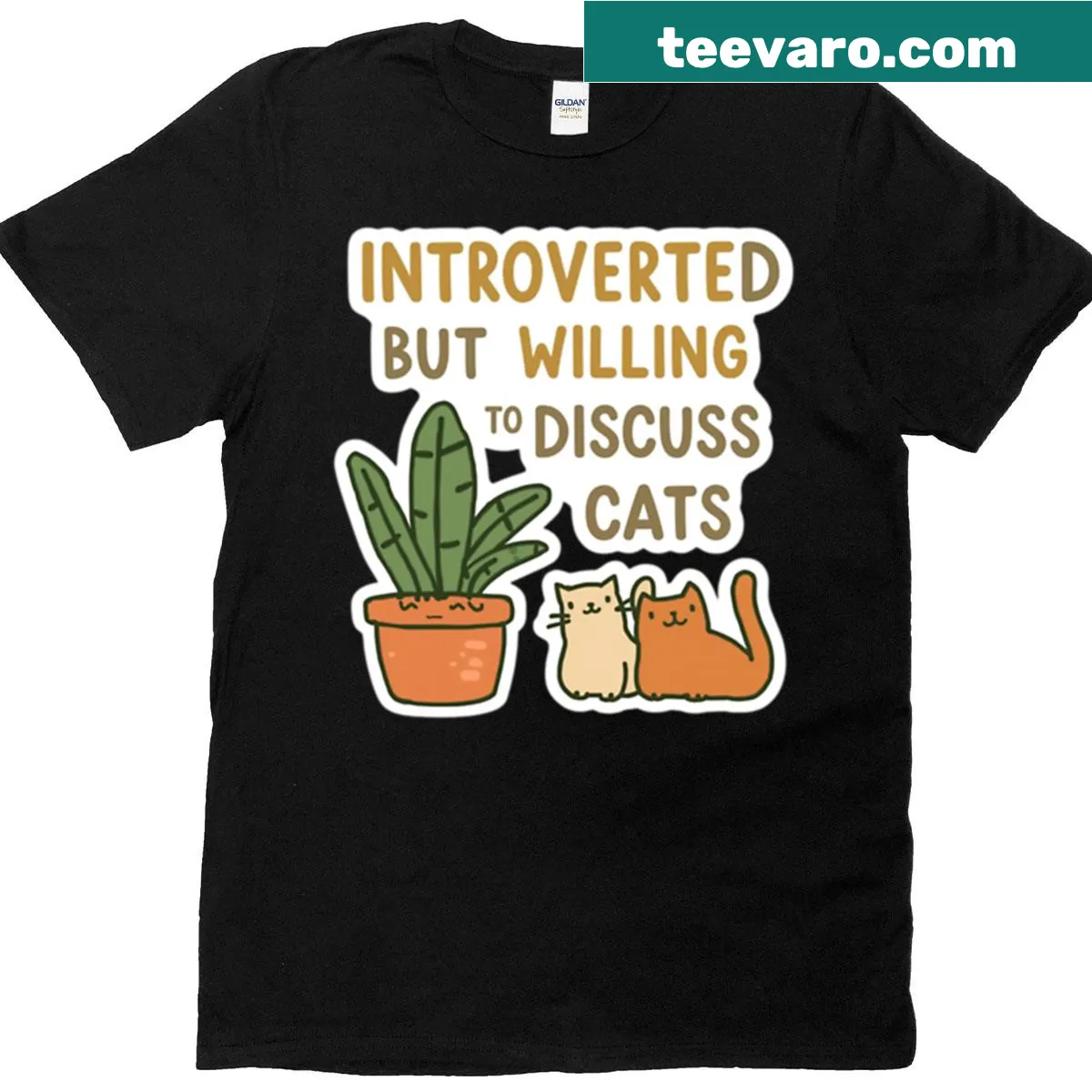 Oversized t-shirt with 'Introverted But Willing To Discuss Cats' text — on a men's t-shirt
