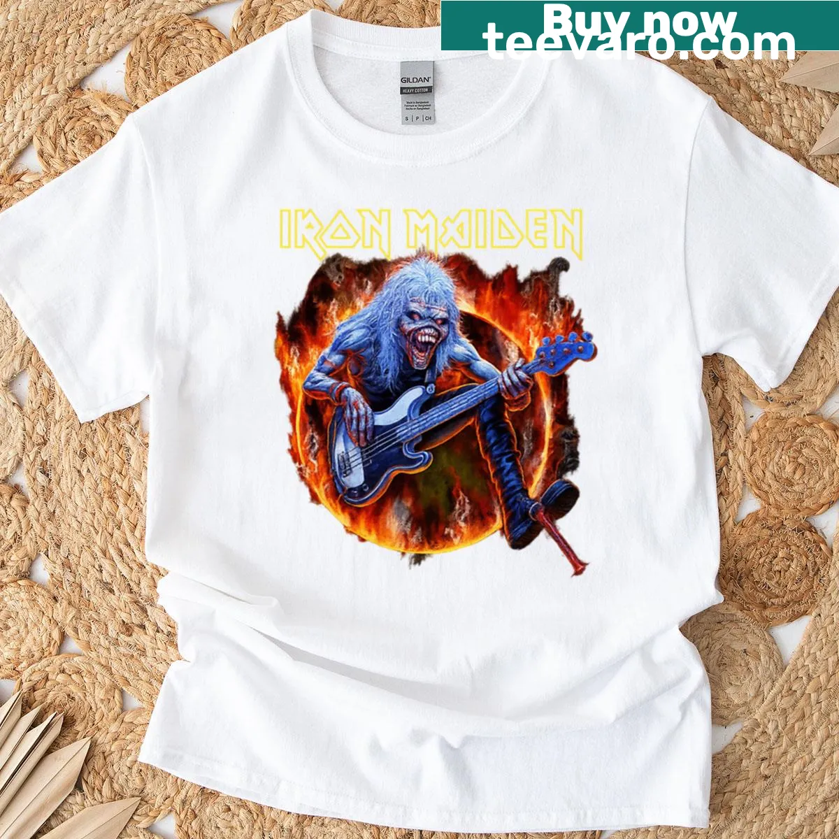 Iron Maiden T-shirt featuring a flaming circle design. — on a men's t-shirt