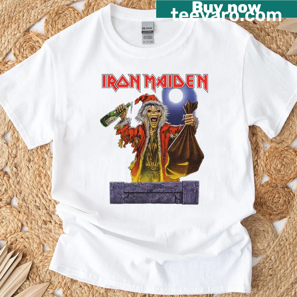 Iron Maiden No Prayer For Christmas t-shirt with festive design — on a men's t-shirt