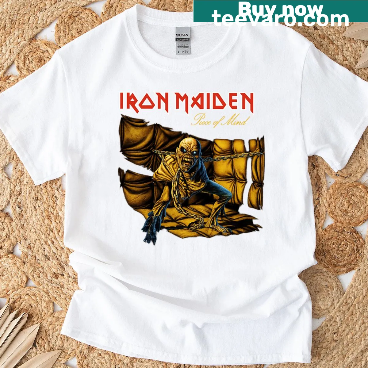 Iron Maiden Piece Of Mind album art graphic T-shirt — on a men's t-shirt
