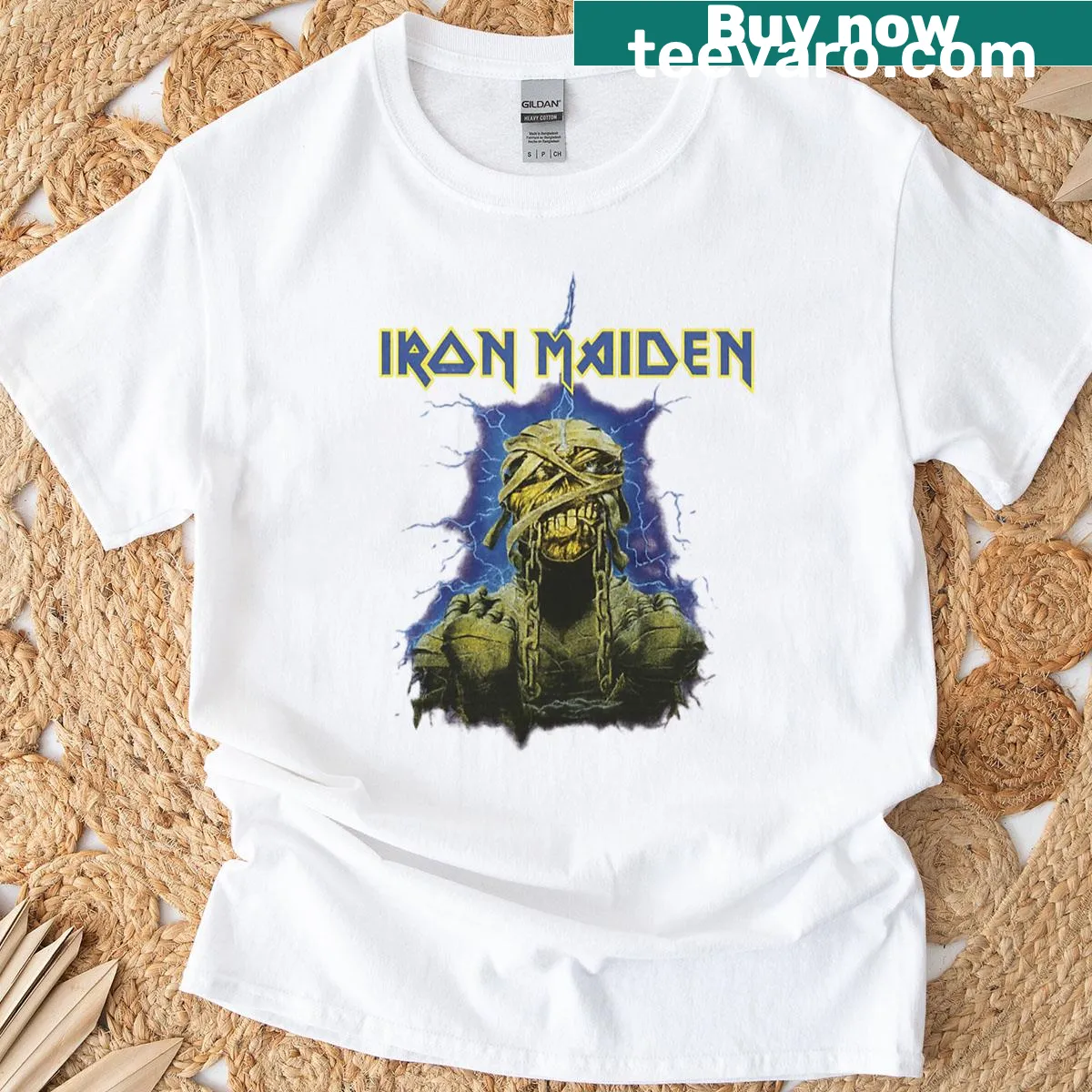 Iron Maiden Powerslave t-shirt with iconic rock artwork — on a men's t-shirt