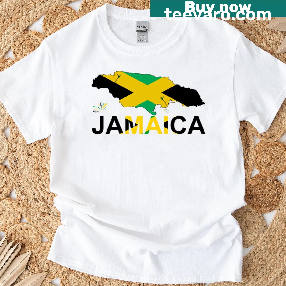 Jamaican map and flag graphic T-shirt — on a men's t-shirt