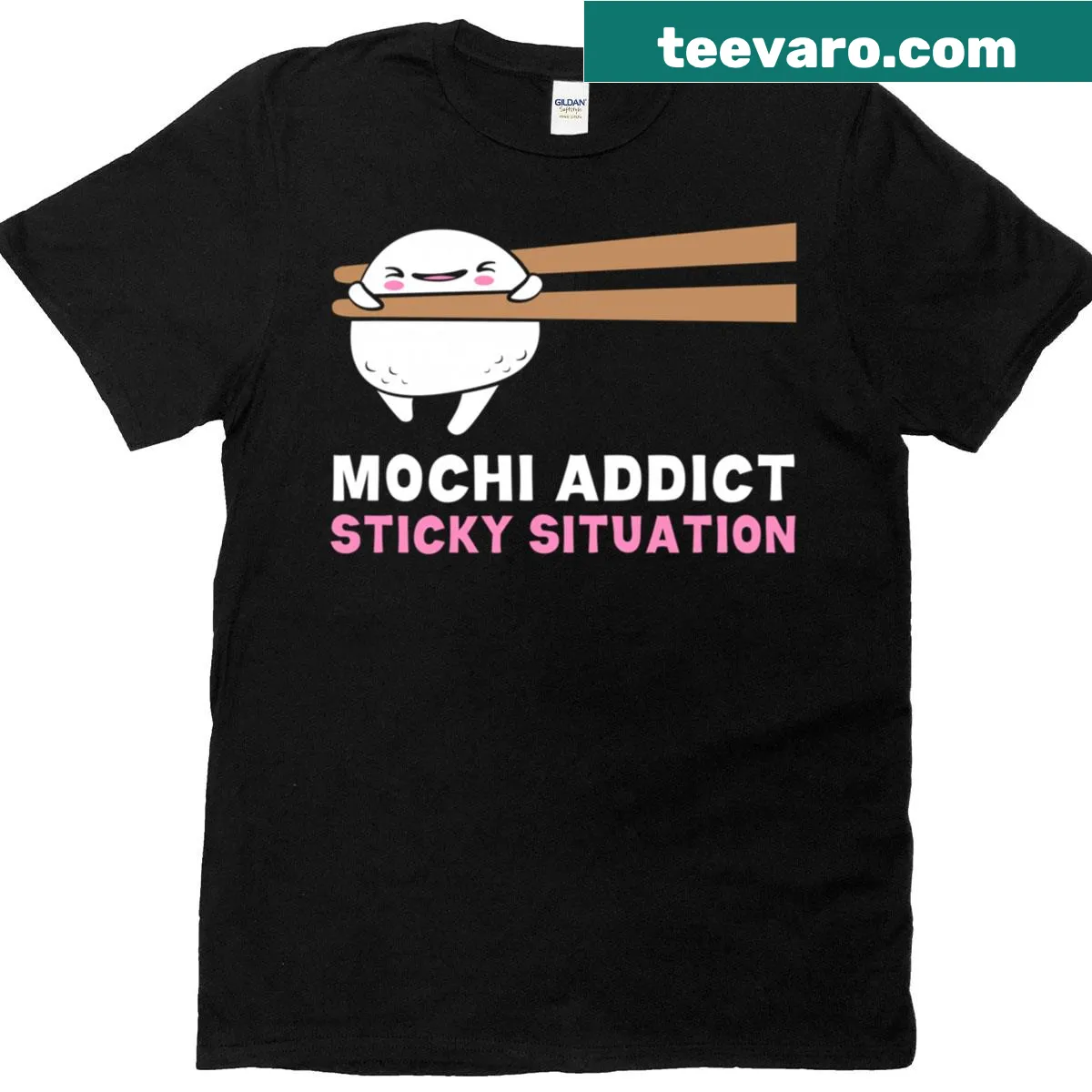 Kawaii illustration of mochi in a humorous sticky situation — on a men's t-shirt