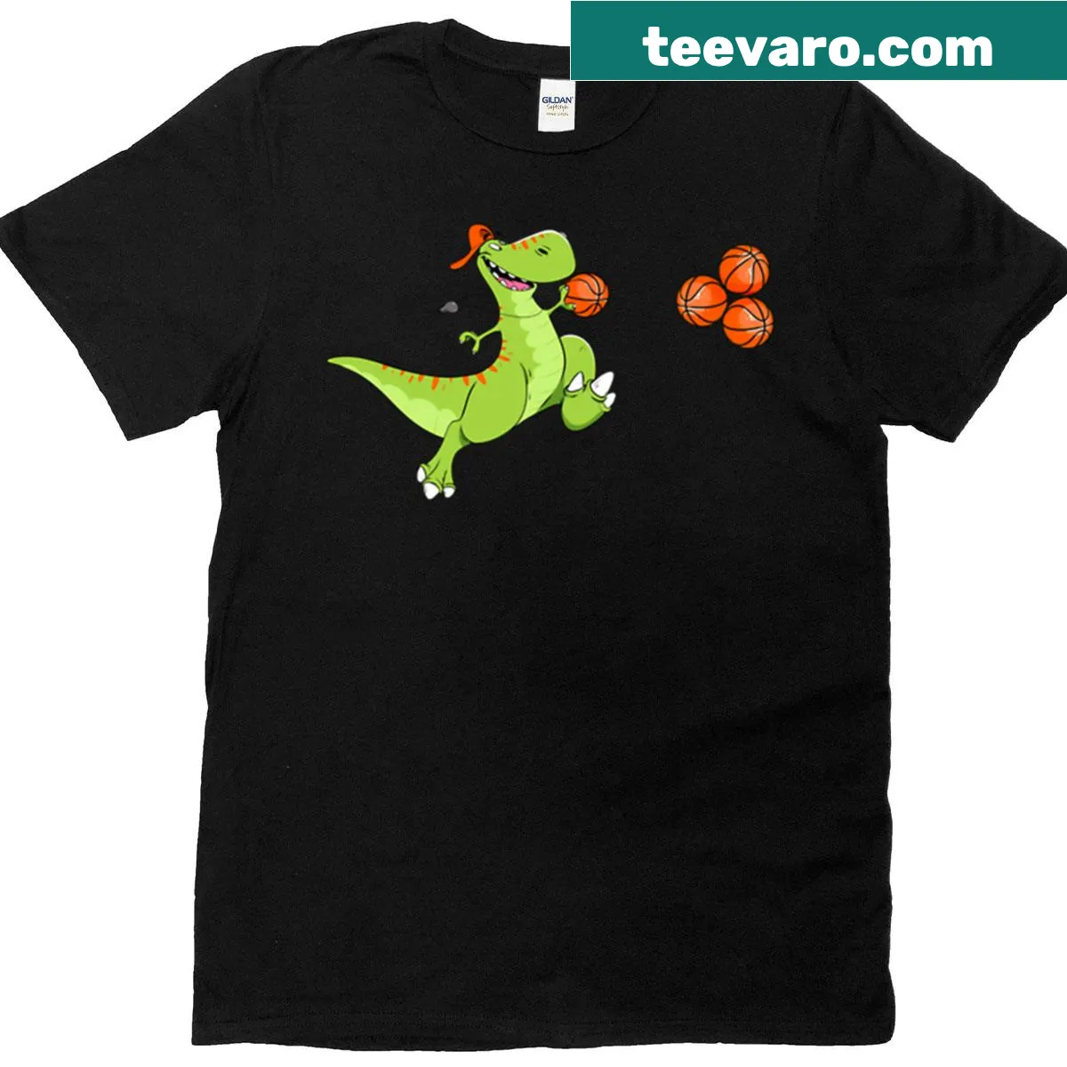 Cartoon T-rex basketball shirt with dinosaur friends for kids — on a men's t-shirt