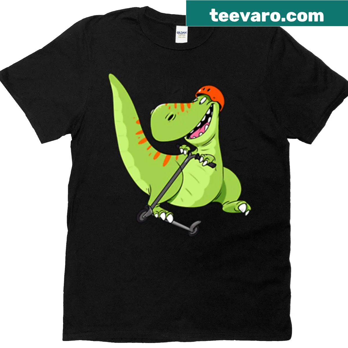 T-rex wearing a scooter helmet in cartoon style — on a men's t-shirt