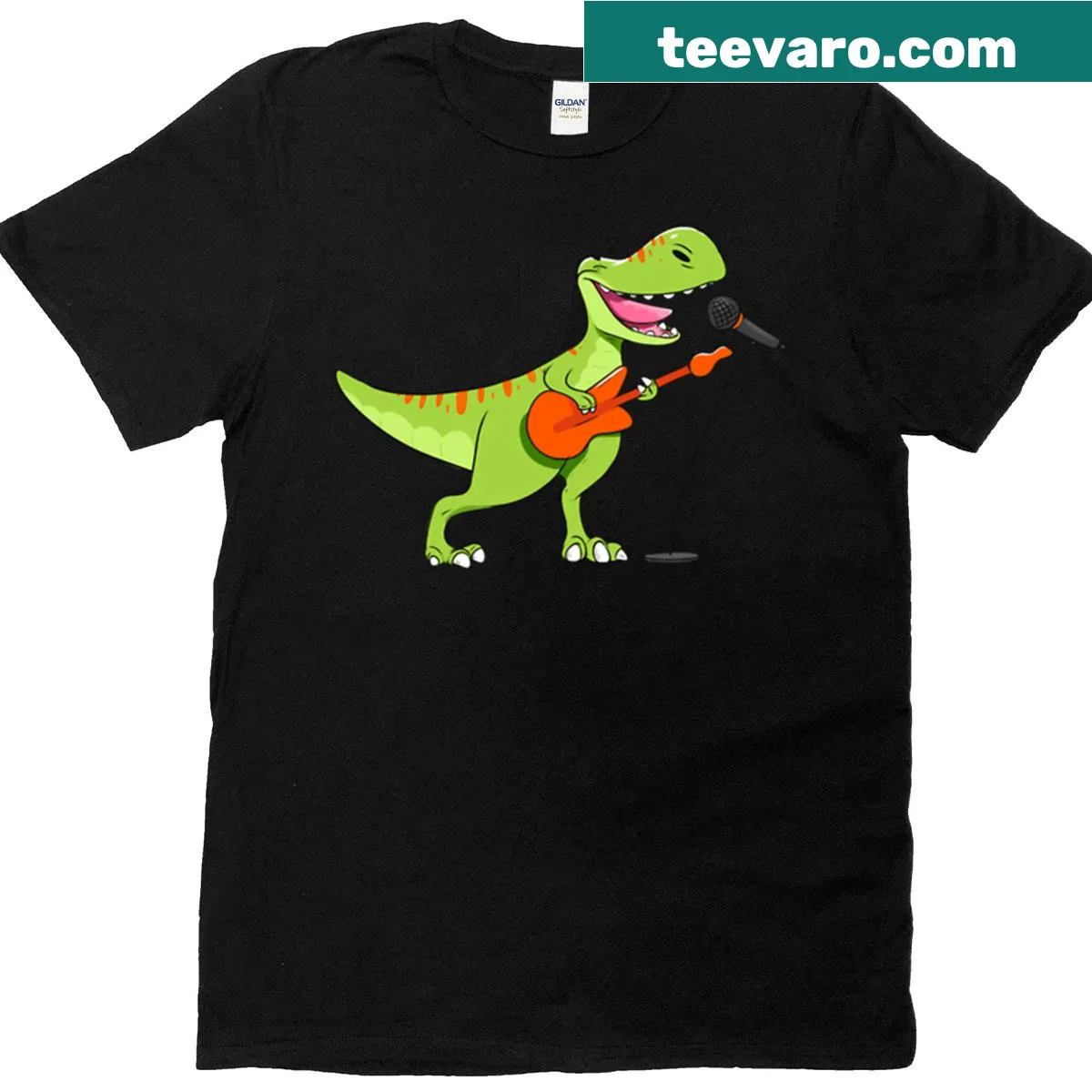 Cartoon T-rex playing guitar and singing — on a men's t-shirt