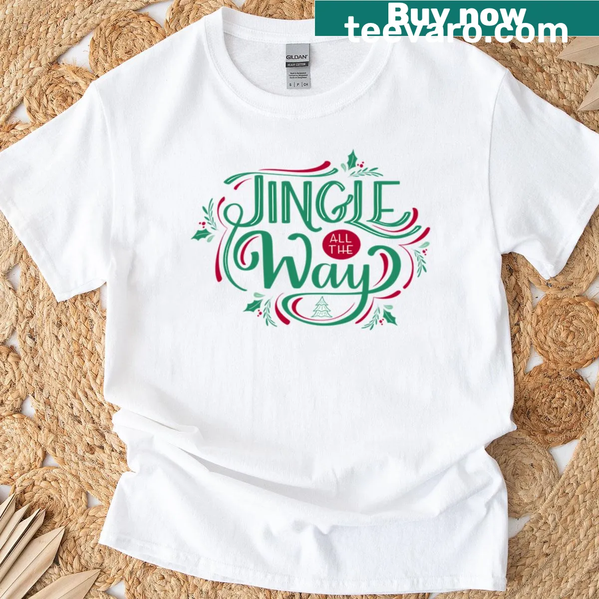 Christmas T-shirt with 'Jingle All The Way' text — on a men's t-shirt
