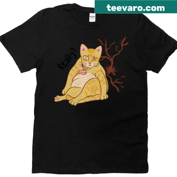 Cartoon cat graphic with a humorous phrase for a t-shirt