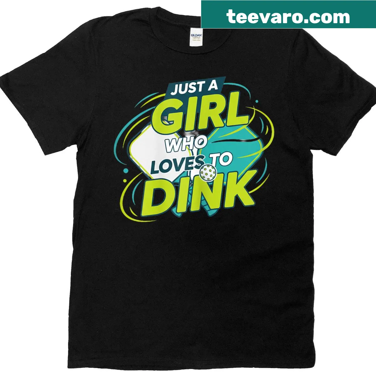 Funny women's pickleball t-shirt saying 'Just A Girl Who Loves To Dink' — on a men's t-shirt