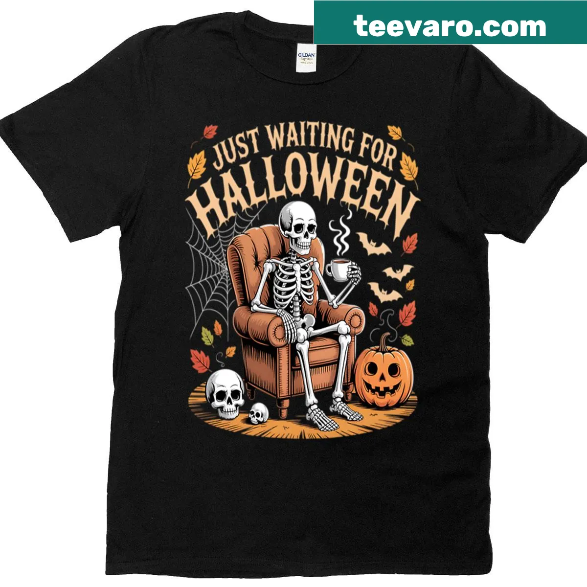 Funny Halloween t-shirt with a skeleton waiting for Halloween — on a men's t-shirt